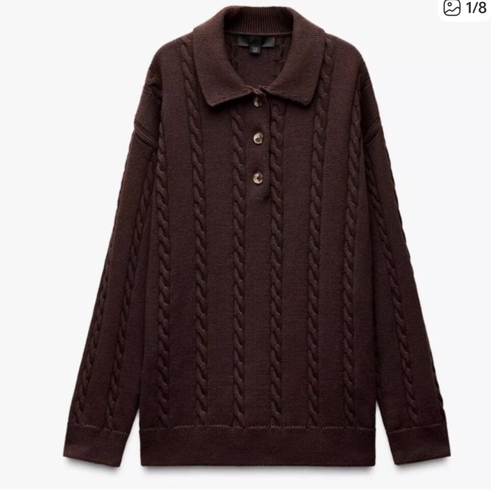 NWT Zara Dark Brown Cable Knit V-Neck Sweater